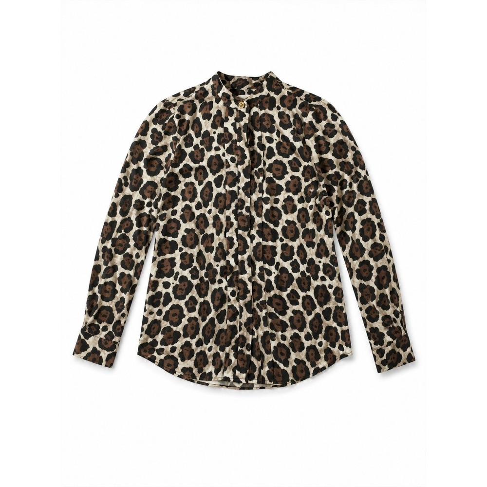 MICHAEL Michael Kors Leopard Print Band Collar Long Sleeve Blouse Womens Top M